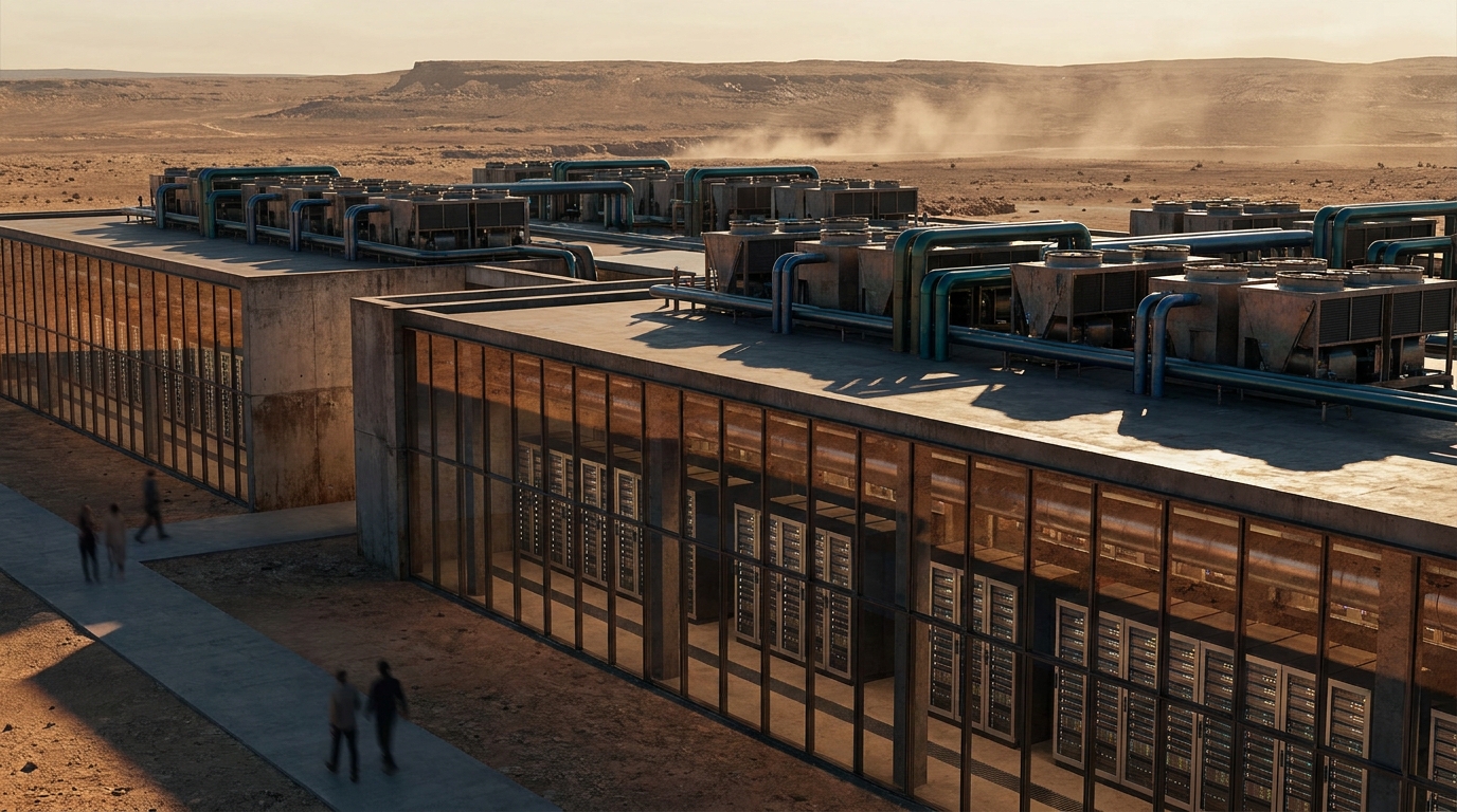 Modern data center with cooling towers and electrical infrastructure in a rural landscape at dusk
