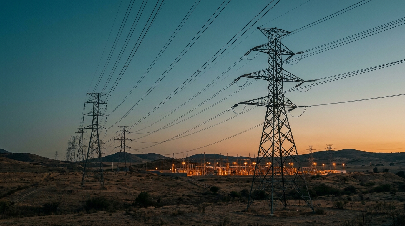 High-voltage transmission lines at dusk during Mexico's all-time electricity demand record