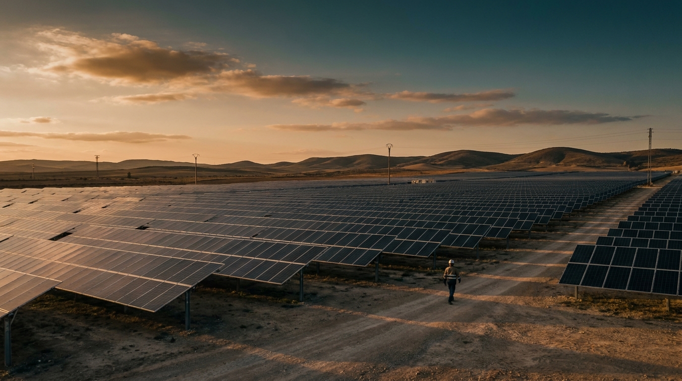 Photovoltaic solar park at sunset with rows of solar panels in Spain