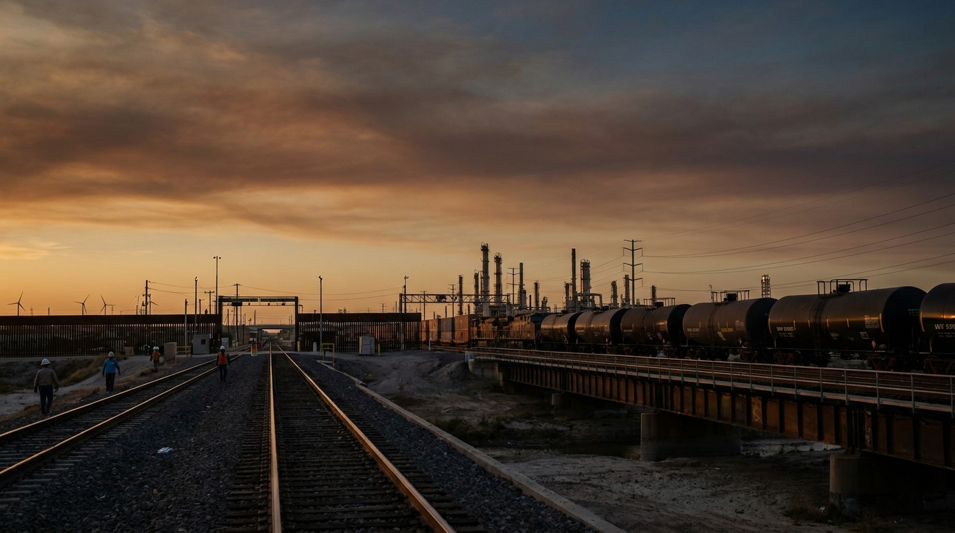 Carros tanque de ferrocarril con combustible en la frontera industrial México-Texas al atardecer