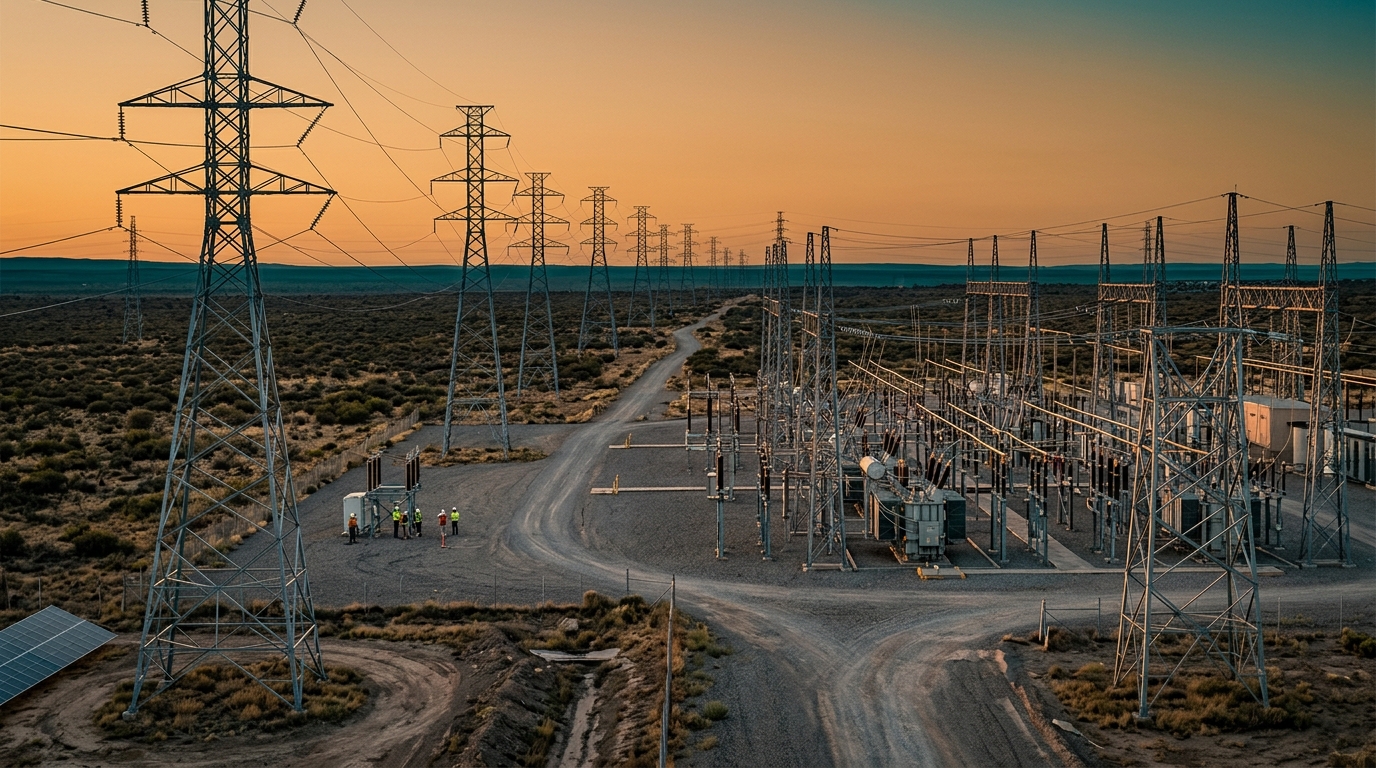 Electrical transmission towers in an industrial landscape at dusk with high-voltage power lines