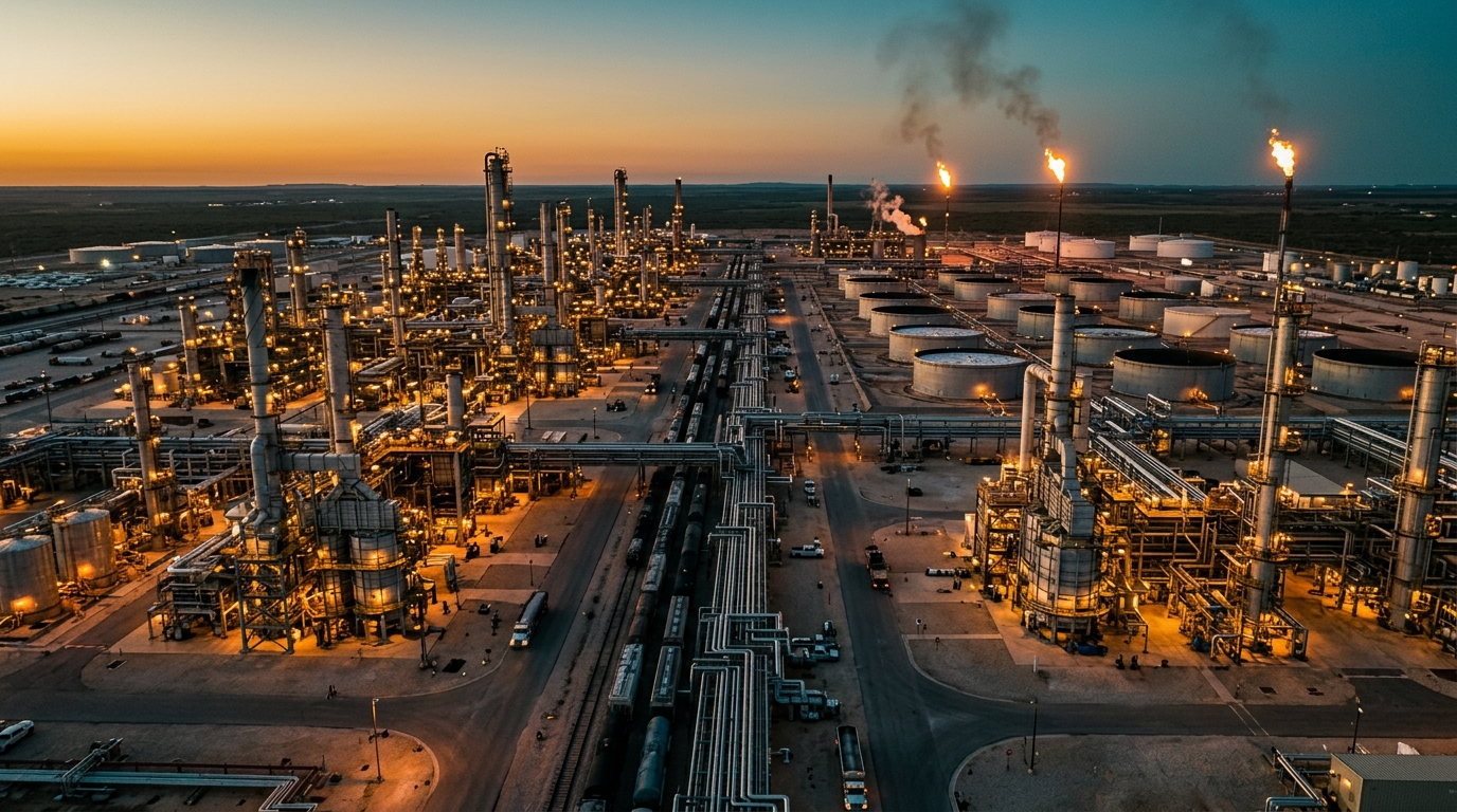 Infraestructura de refinación rusa con columnas de destilación y tanques de almacenamiento