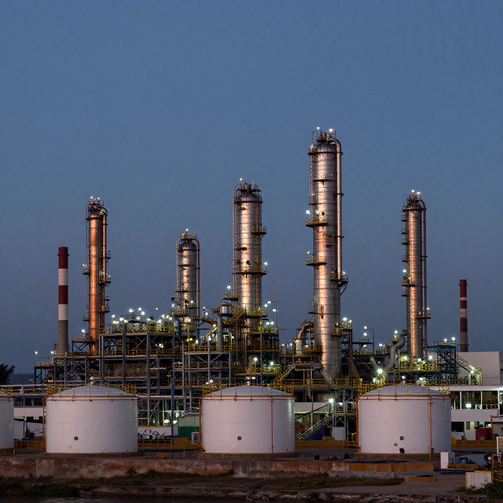 Distillation towers at the Dos Bocas refinery at sunset