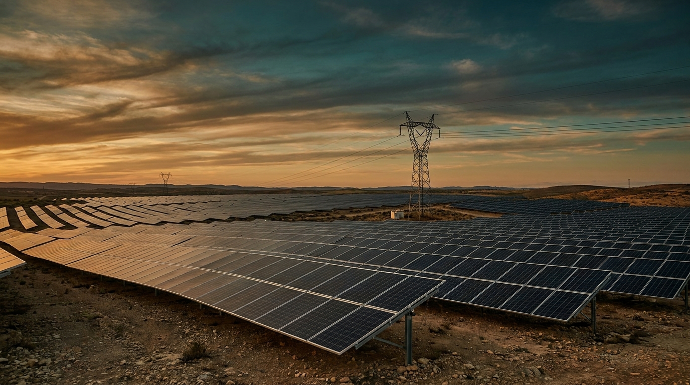 Campo de paneles solares en España junto a torre de alta tensión al atardecer