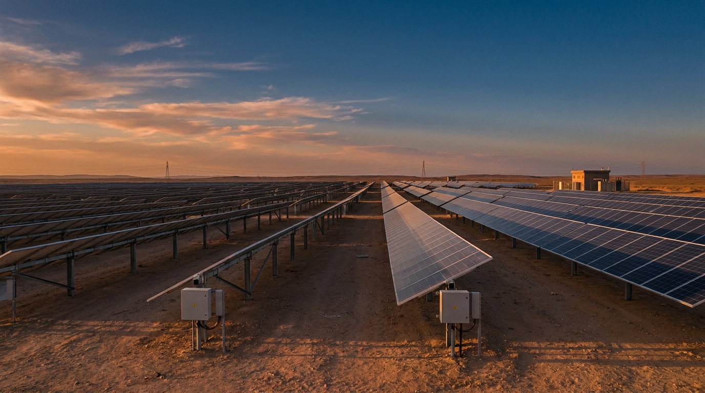 Expansive solar farm at sunset with photovoltaic panels, renewable energy in a desert landscape