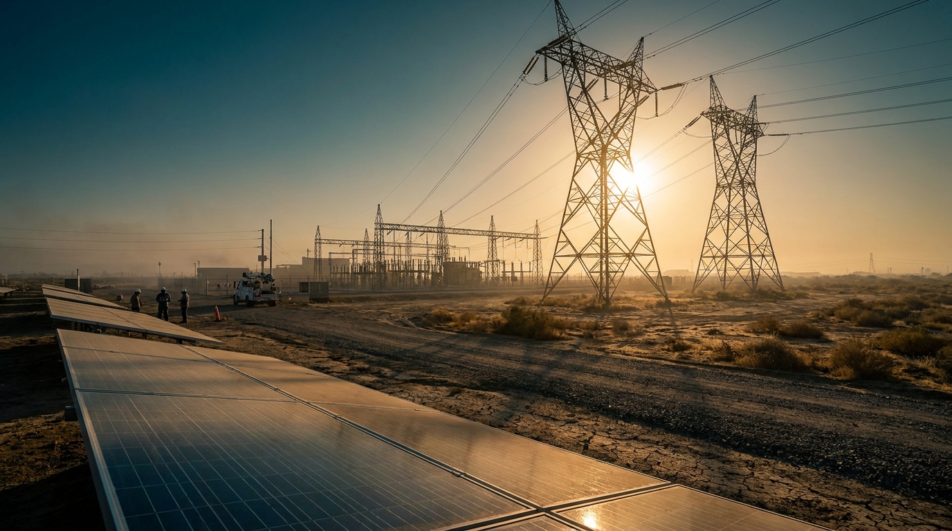 Power transmission towers at sunset with photovoltaic panels in the industrial foreground