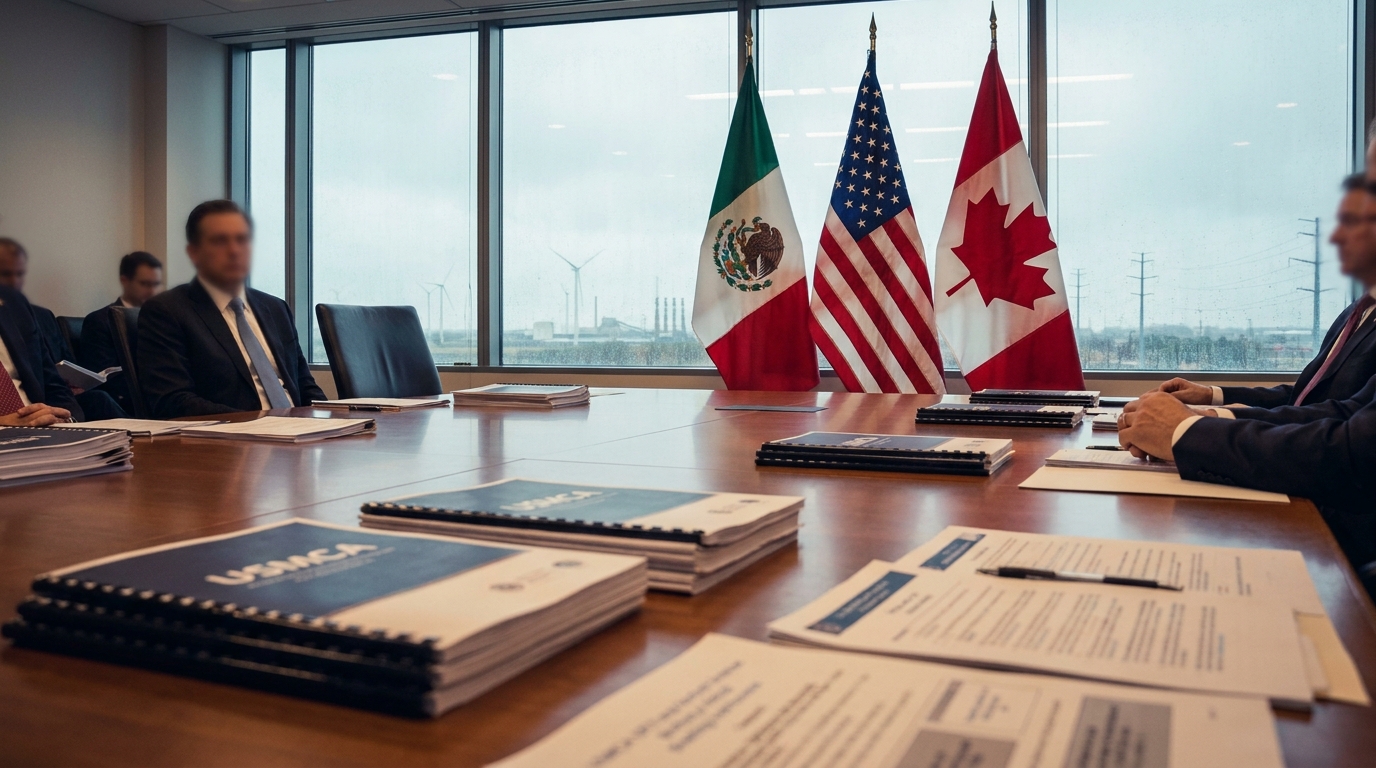 Documentos del T-MEC con banderas de México, Estados Unidos y Canadá en sala diplomática