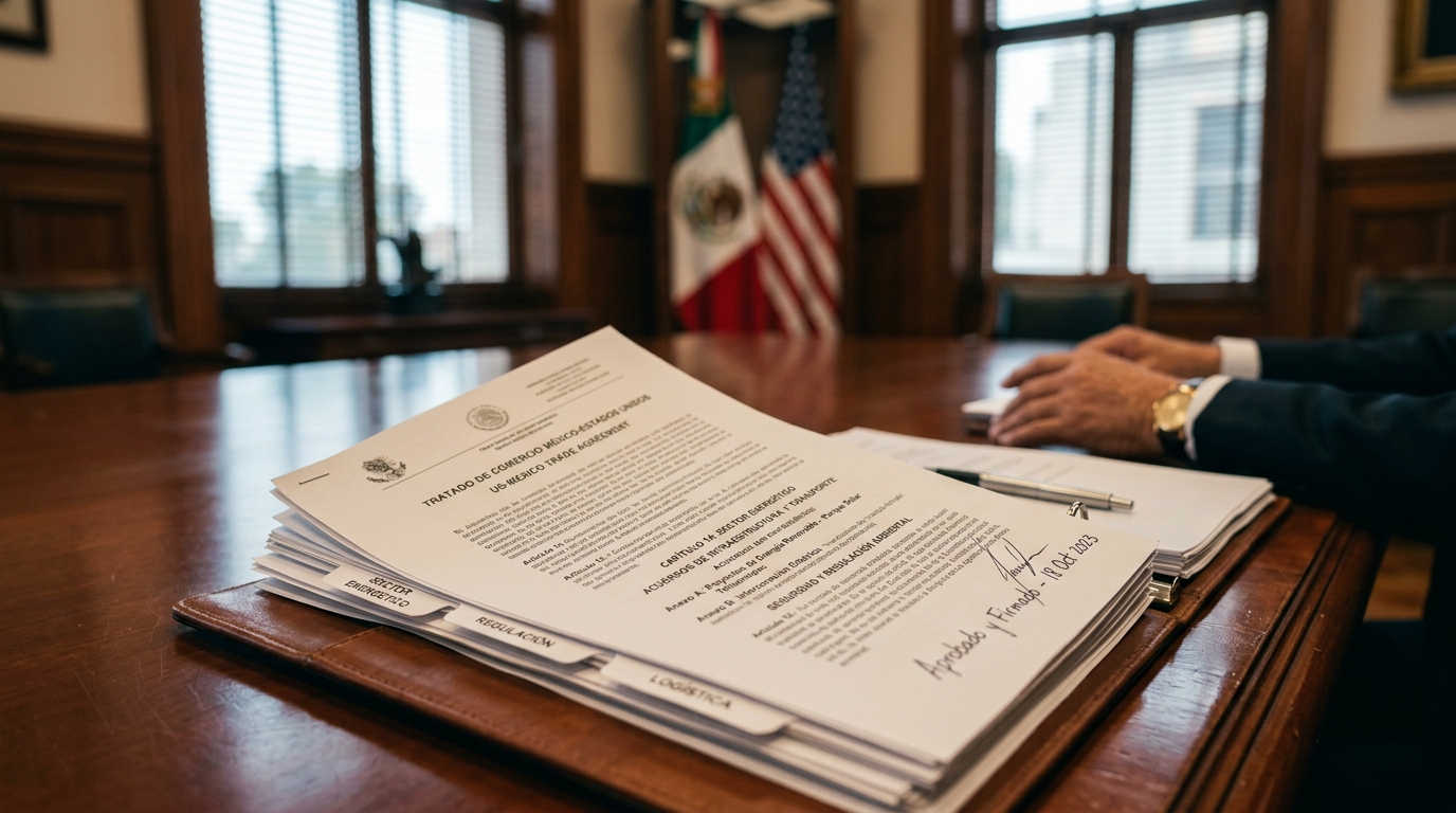 Mesa de negociación con banderas de México y Estados Unidos en revisión del T-MEC