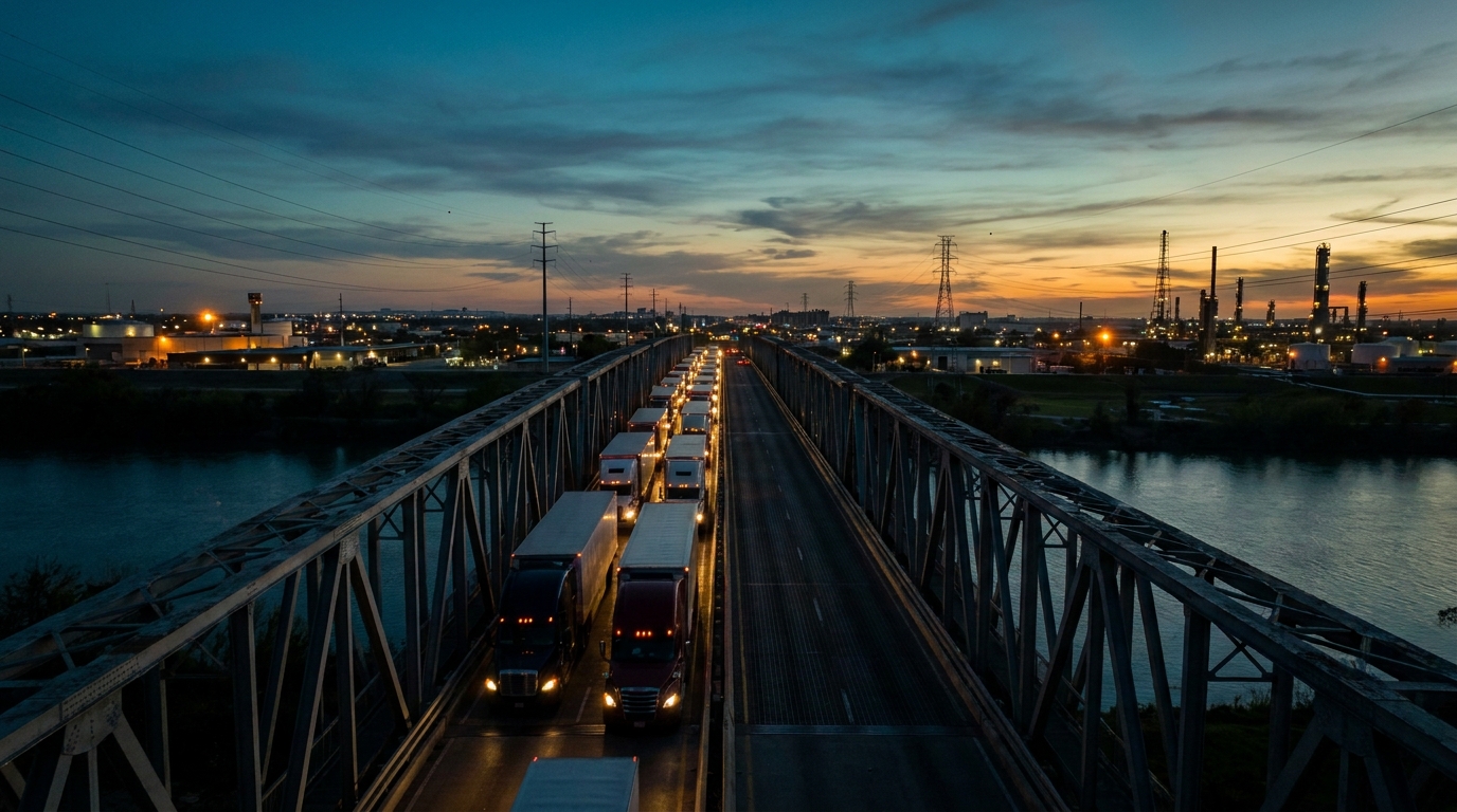 Puente fronterizo México-Estados Unidos al atardecer con tráfico de carga en silueta