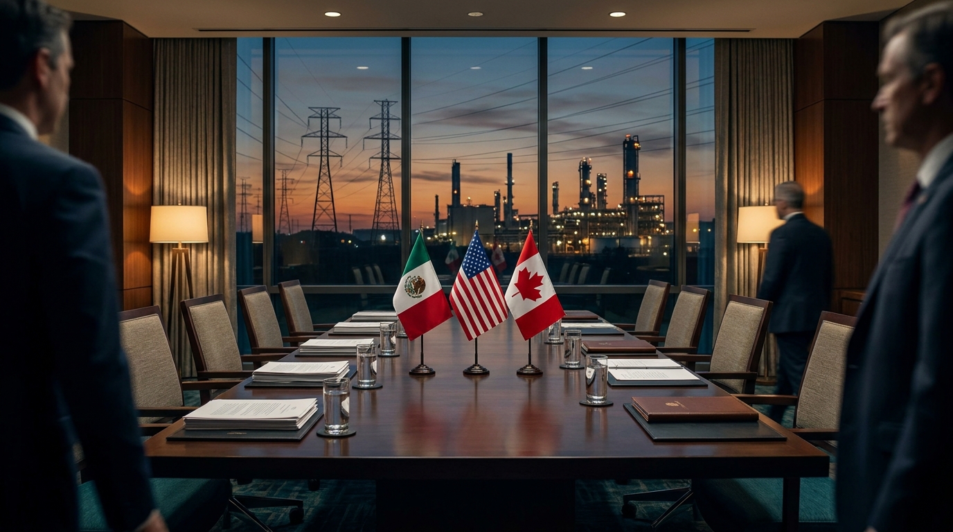 Banderas de México, Estados Unidos y Canadá en sala de negociación del T-MEC