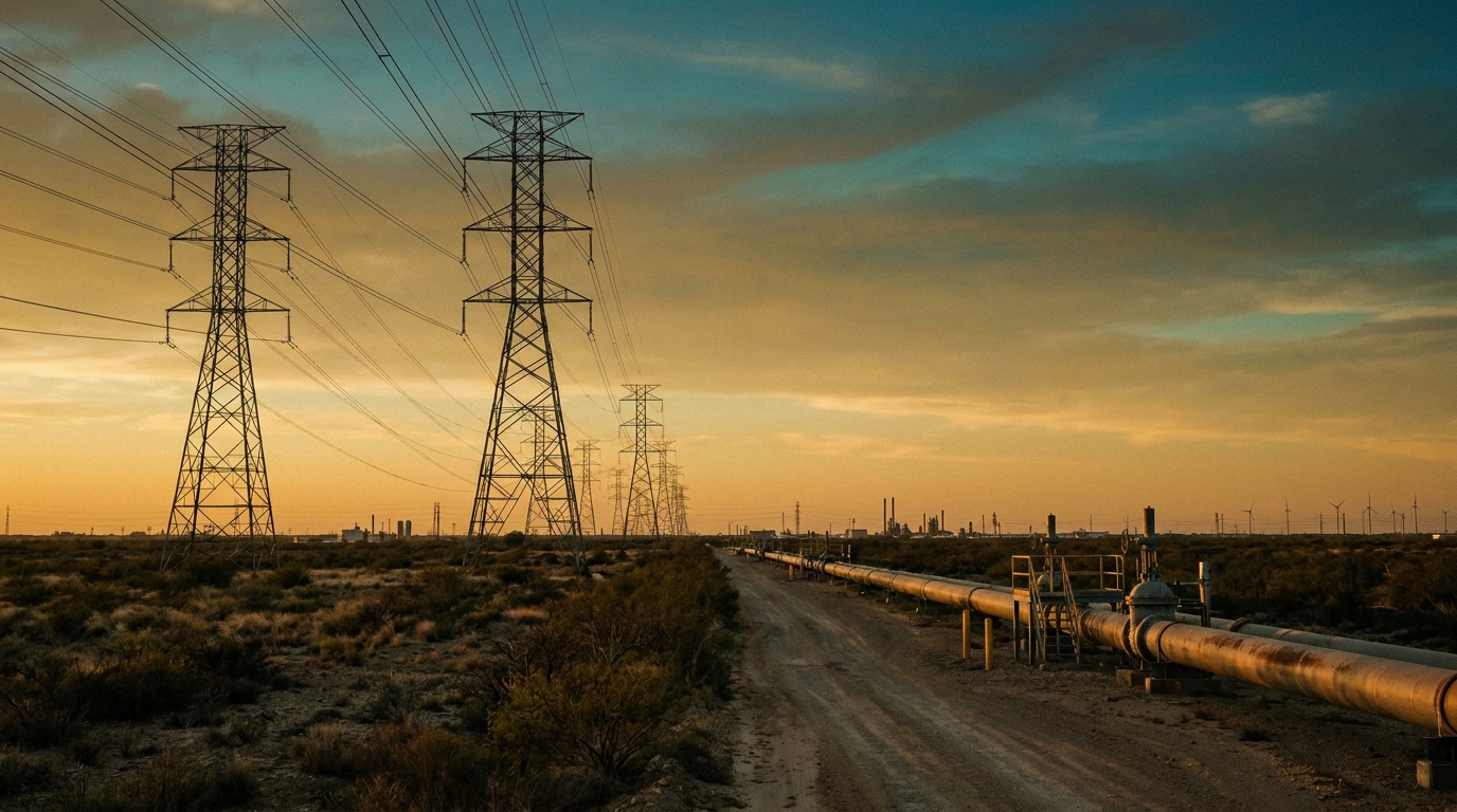 Líneas de transmisión eléctrica en la frontera México-Estados Unidos al atardecer, revisión del T-MEC