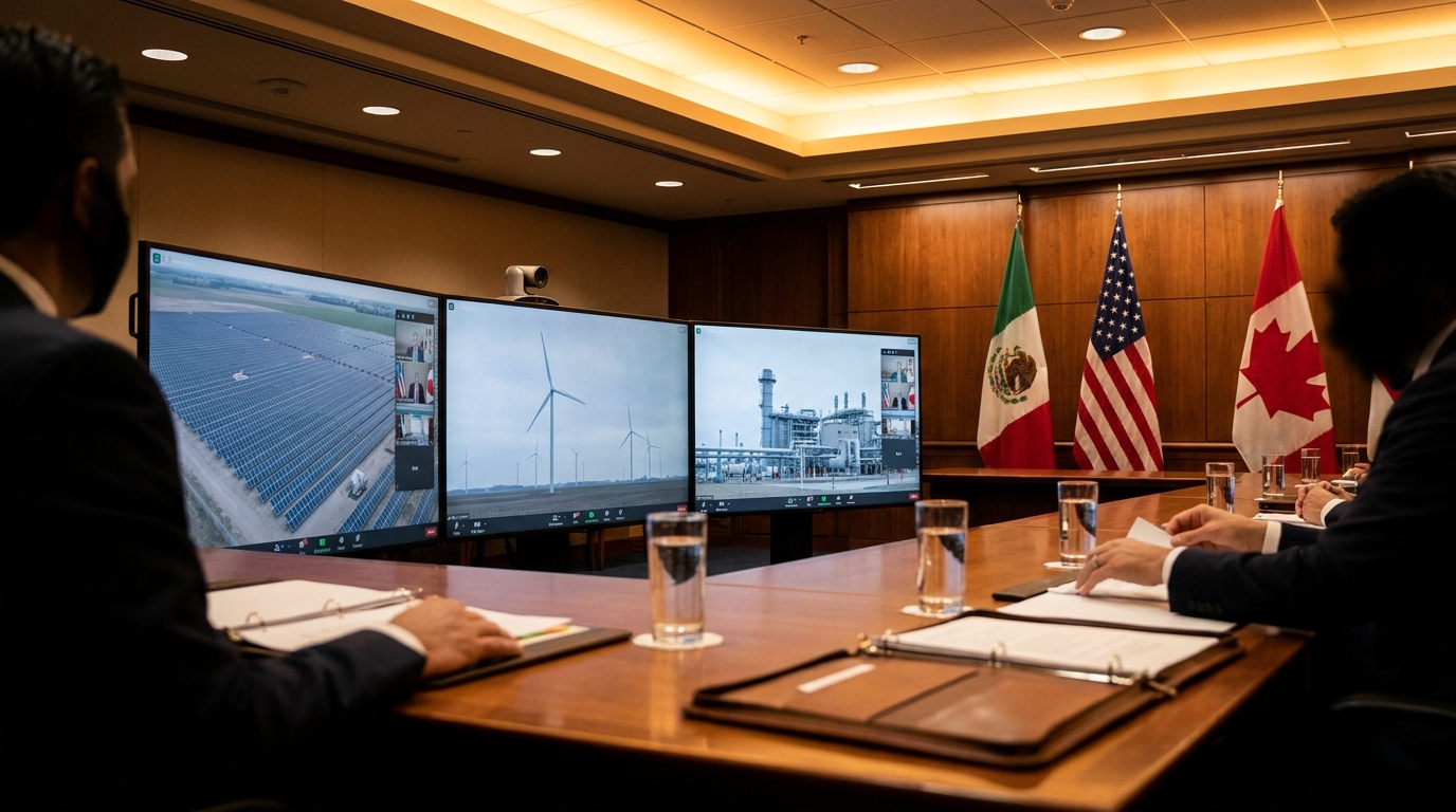 Negociadores del T-MEC en reunión virtual con banderas de México y Canadá