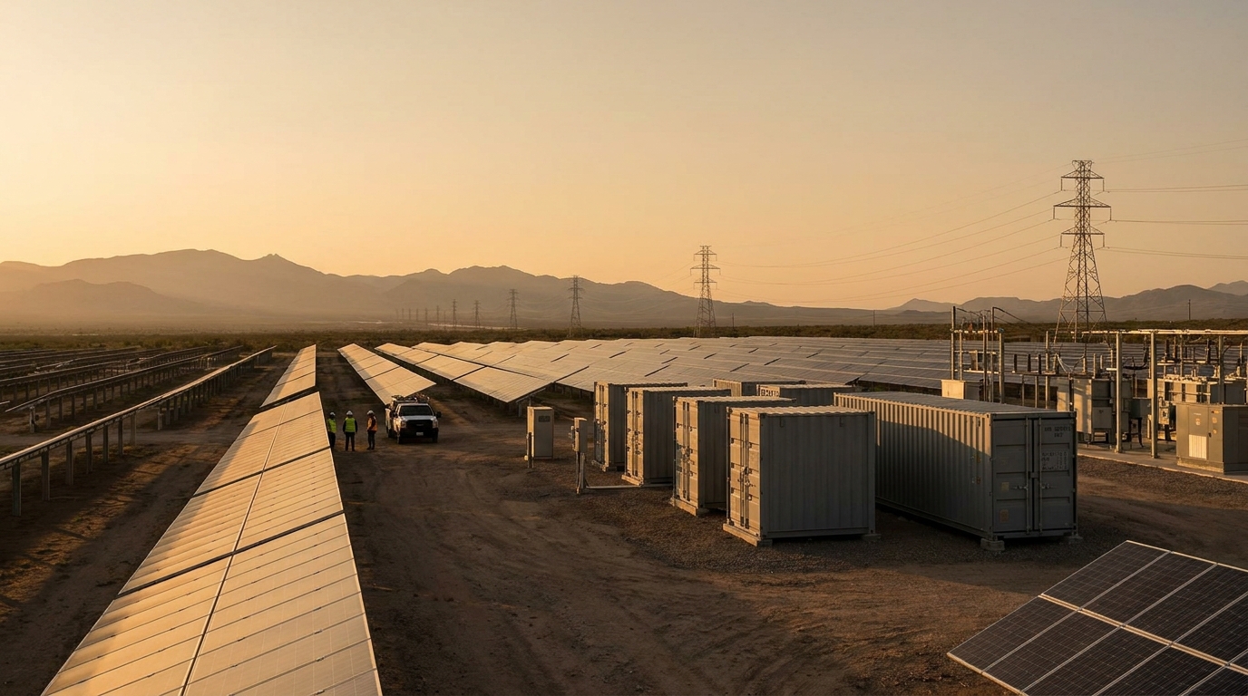 Parque solar con baterías y líneas de transmisión en el suroeste de Estados Unidos al atardecer