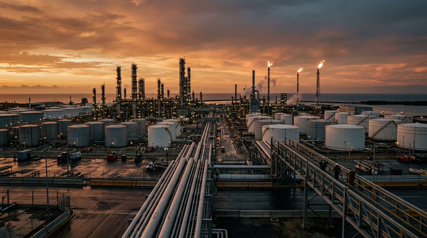 Pemex refinery complex with distillation towers and storage tanks at dusk
