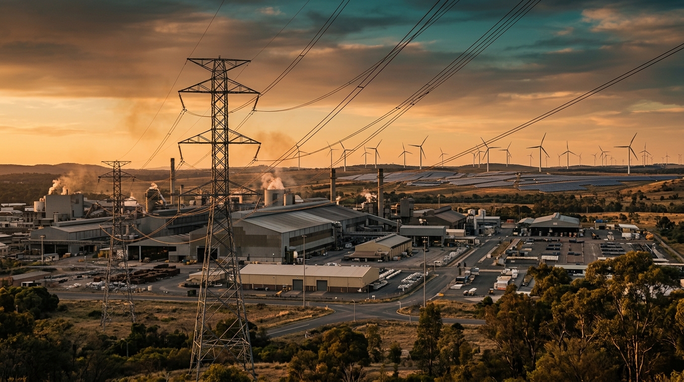 Tomago smelter facility with renewable energy installations in the background near Newcastle