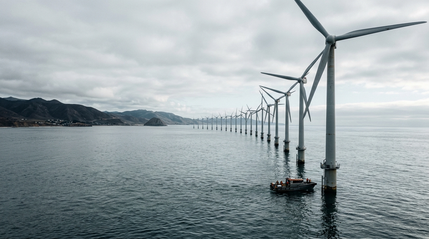 Offshore wind farm with turbines off the coast of California