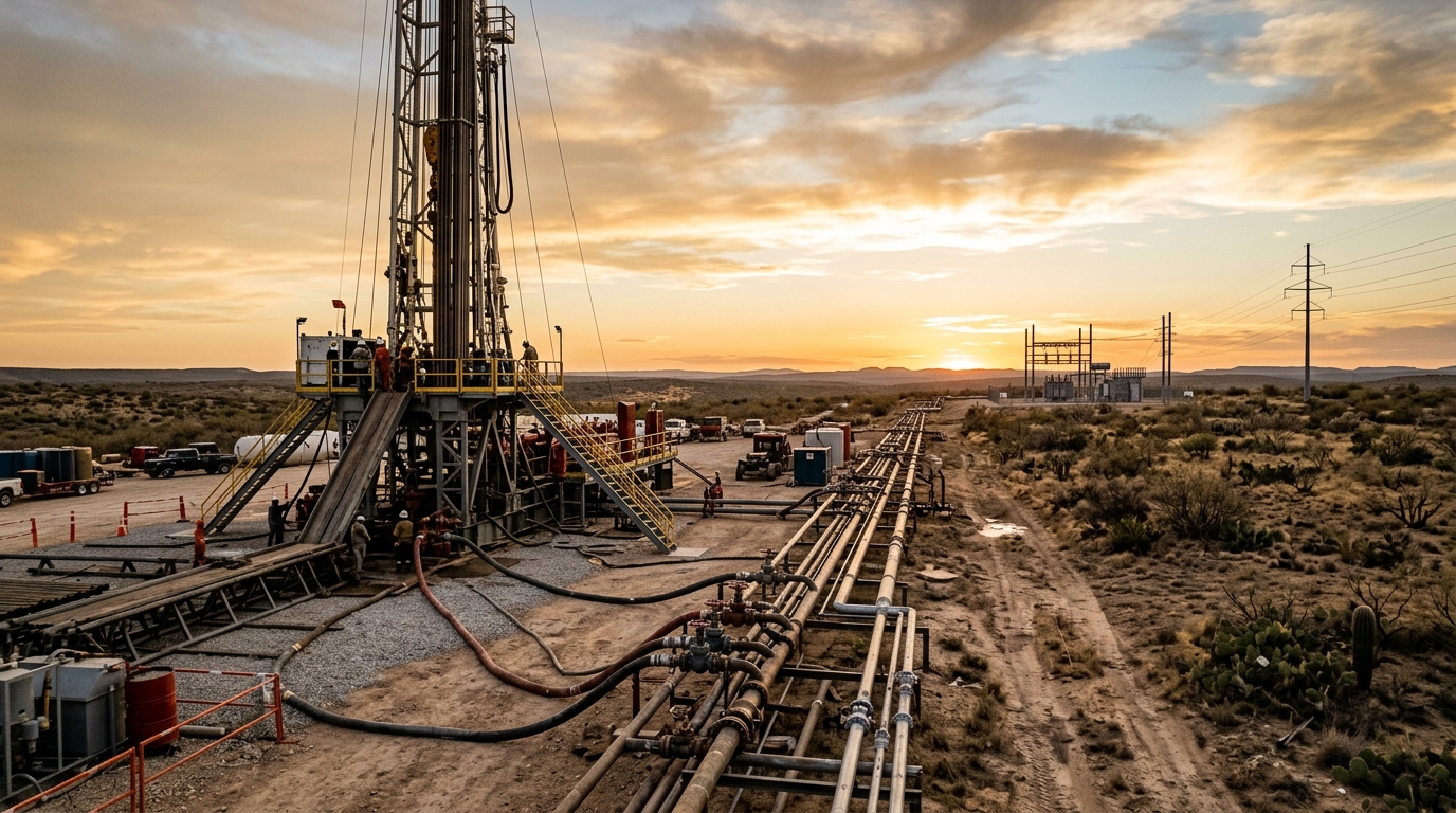 Planta piloto de geotermia mejorada en Texas con torres de perforación y líneas eléctricas