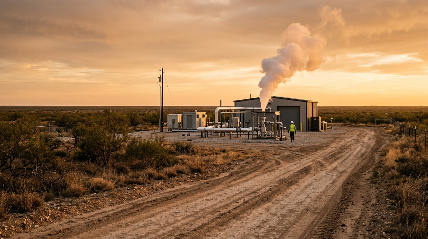 Sage geothermal plant in Texas with steam plumes