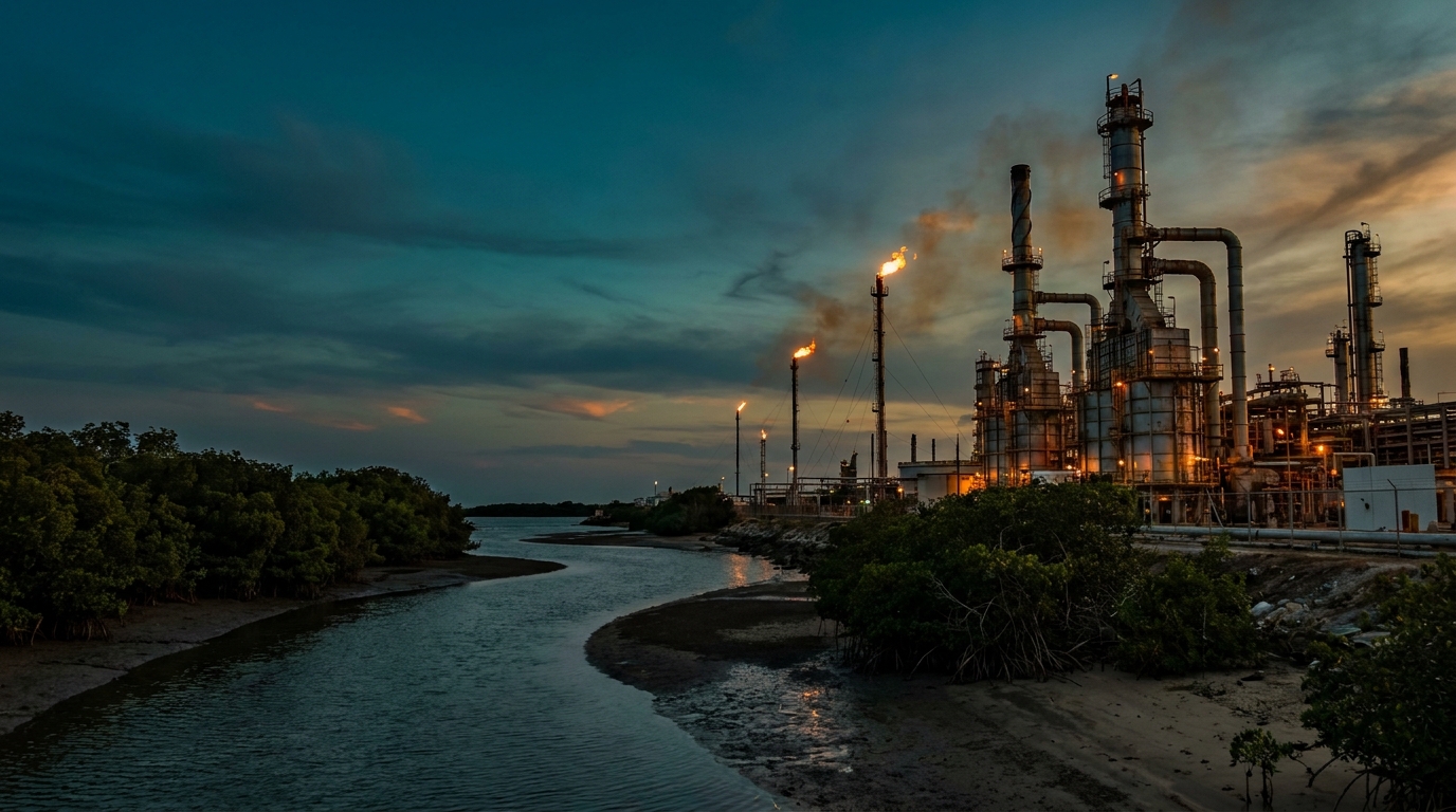 Torres de refinería de Pemex en Salina Cruz junto a costa de Oaxaca con manglares