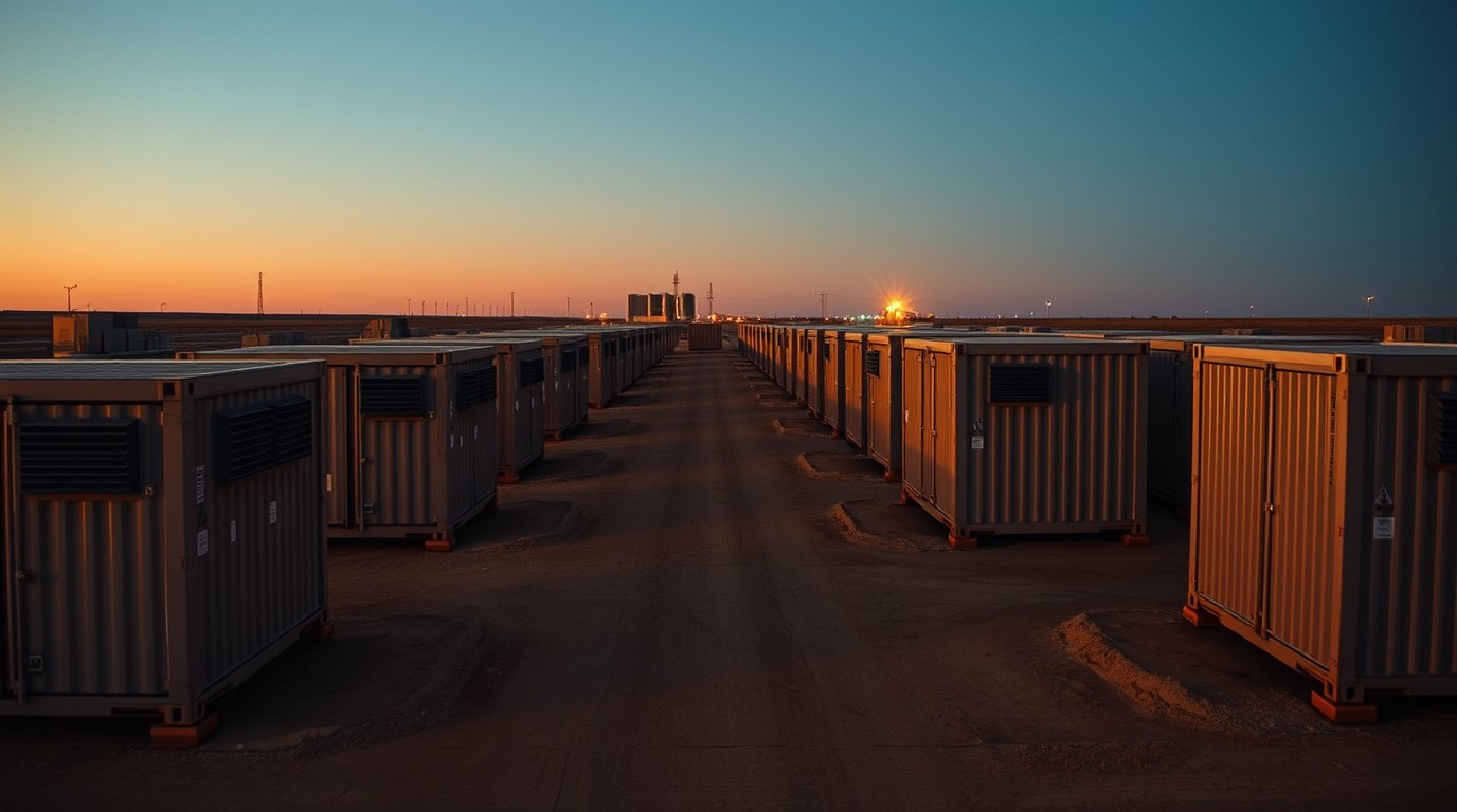 Contenedores de almacenamiento en baterías alineados en patio industrial al atardecer
