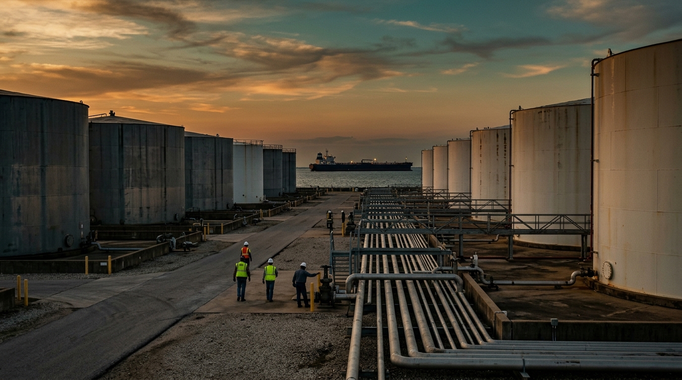 Oil storage tanks under an industrial sky, U.S. sanctions against Iran