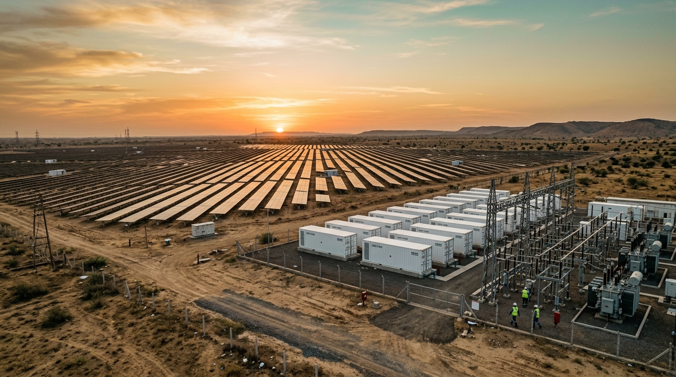 Parque solar con contenedores de baterías al atardecer, récord de energía renovable firme