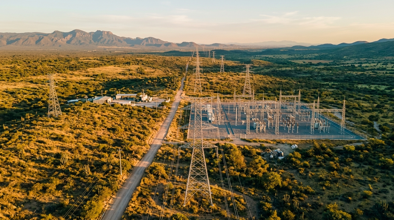Plantas de generación eléctrica y torres de transmisión al amanecer