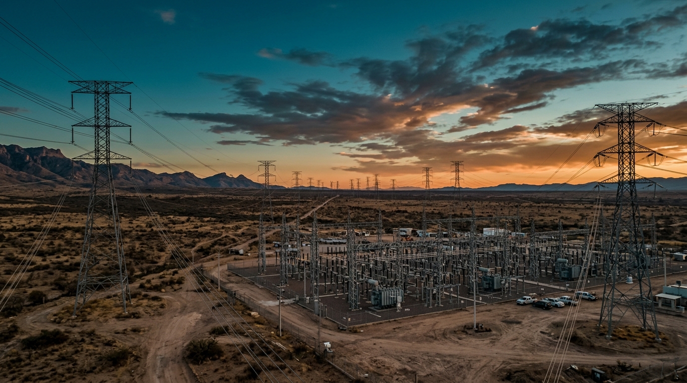 Subestación y torres de transmisión en paisaje industrial mexicano de la generación eléctrica pública