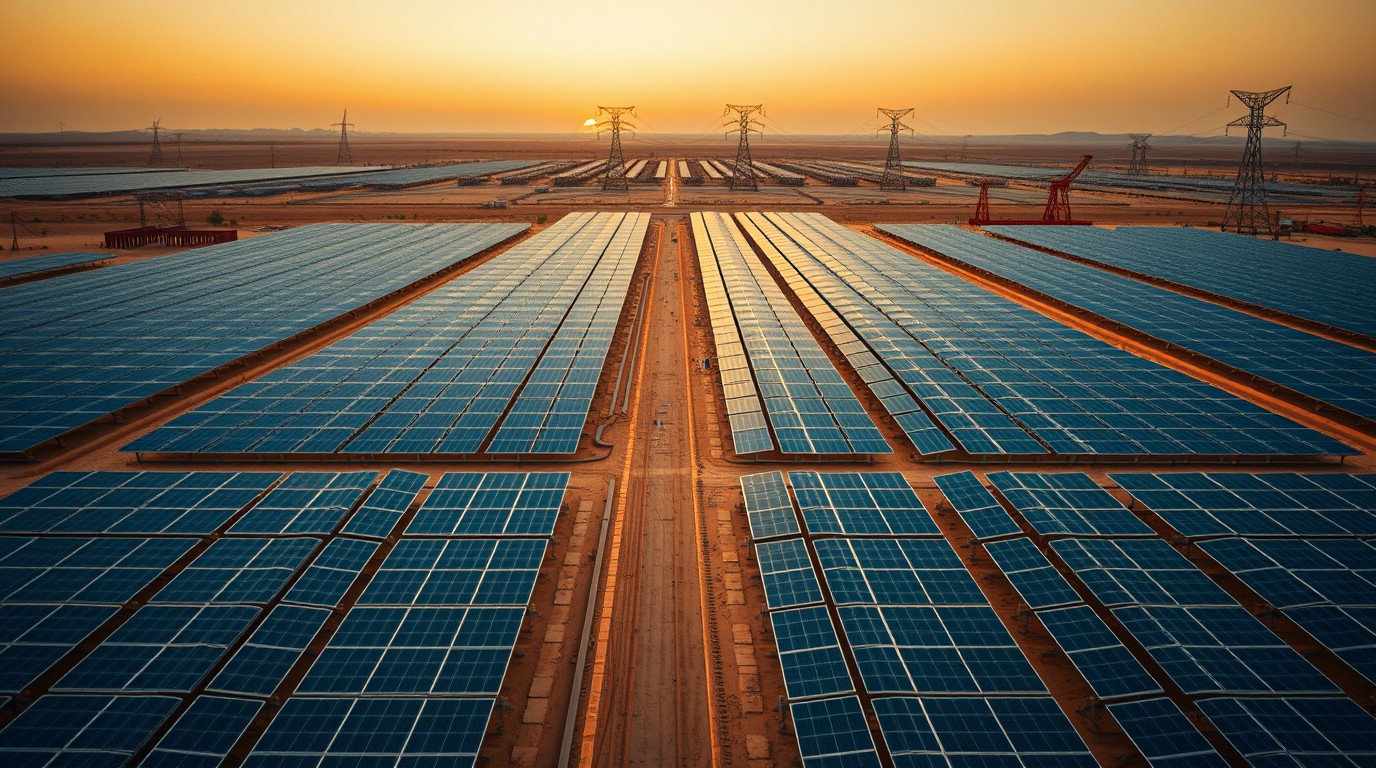 Paneles solares de gran escala en el desierto sonorense durante el atardecer
