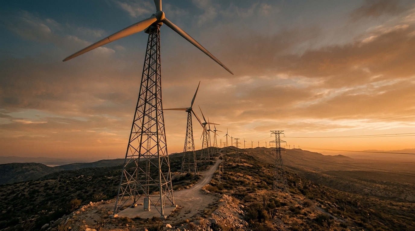 Parque eólico en México con aerogeneradores y capacidad eólica instalada al atardecer