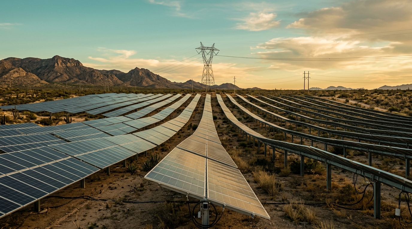 Solar panels at a Mexican photovoltaic park with transmission lines in the background, renewable energy projects