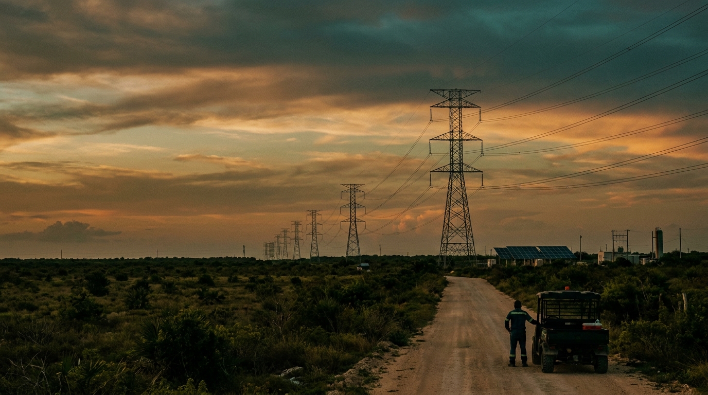 Torres de transmisión eléctrica en paisaje tropical de la península de Yucatán al atardecer