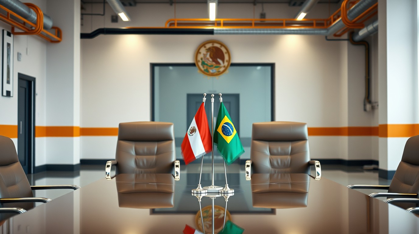 Reunión Sheinbaum Lula en sala protocolaria con banderas de México y Brasil