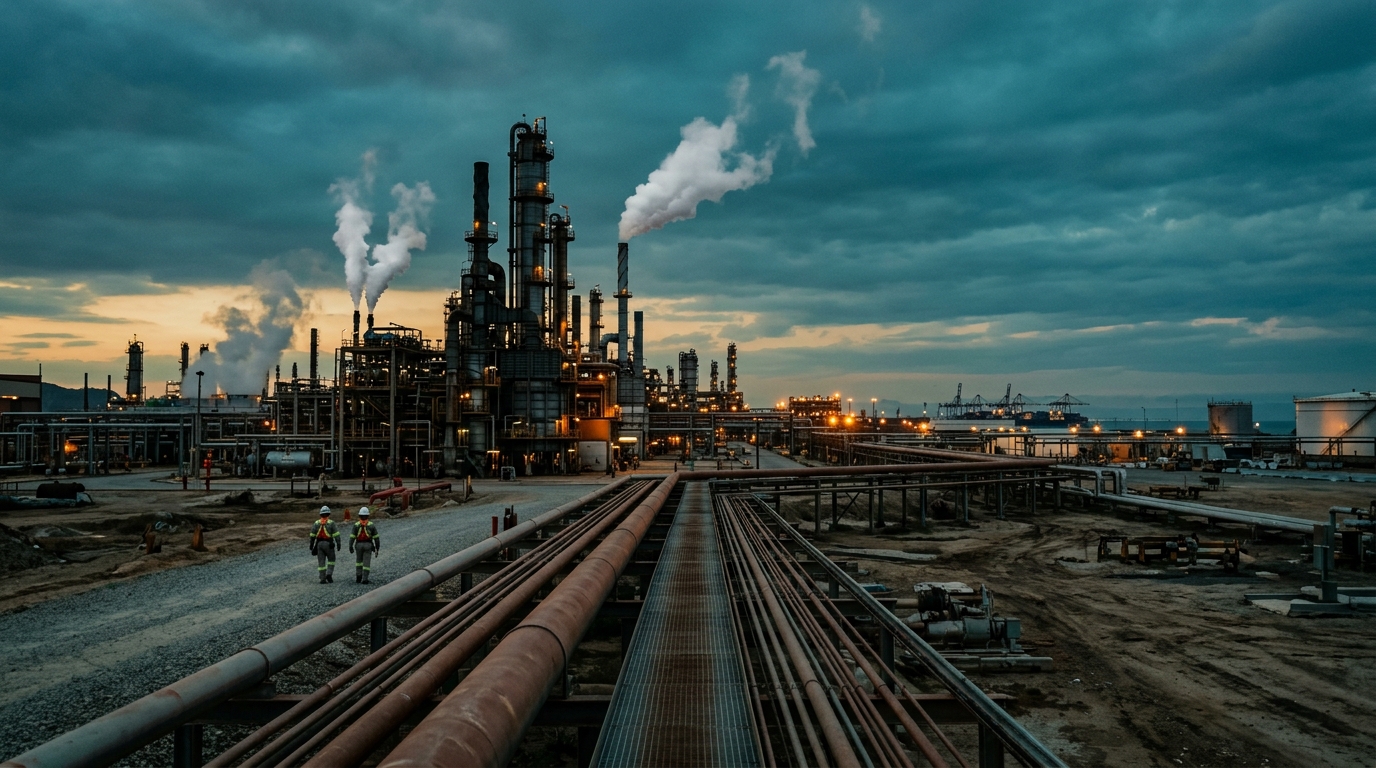 Refinería de Pemex con torres de destilación y plumas de vapor al atardecer