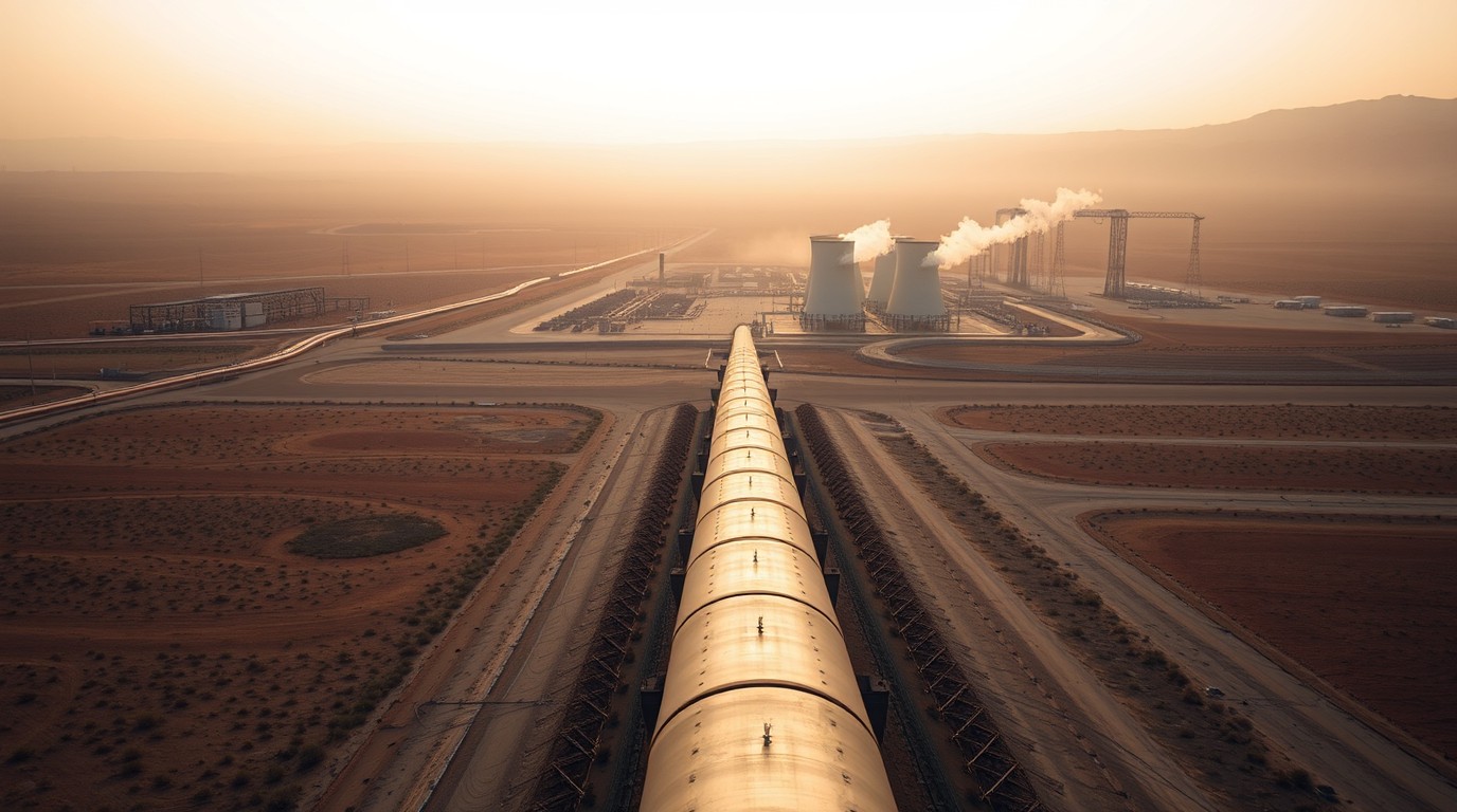 Gasoducto de gas natural atravesando paisaje árido rumbo a una planta de ciclo combinado
