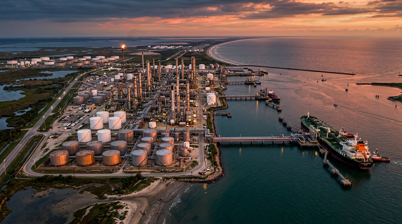 Refinería costera al atardecer con torres de destilación y margen de refinación industrial