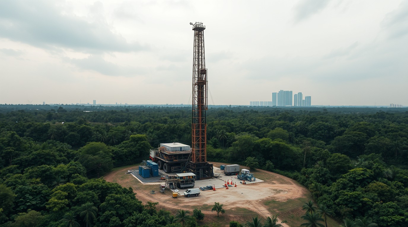 Estudio de factibilidad geotérmica en Singapur con torre de perforación sobre paisaje urbano tropical
