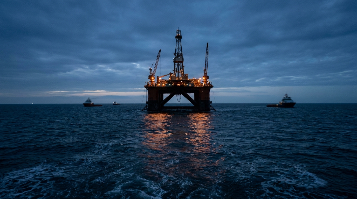 Plataforma petrolera marina en el Golfo de México al atardecer, producción crudo Pemex