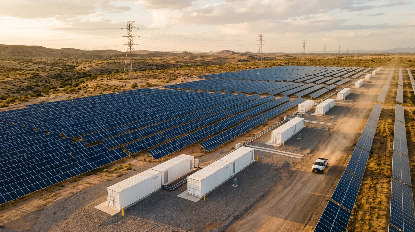 Campo de paneles solares y baterías con torres de transmisión al atardecer