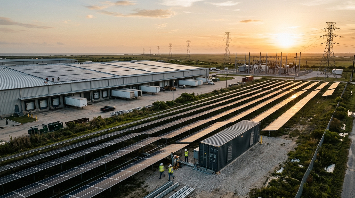Paneles solares y almacenamiento en sitio junto a una subestación industrial