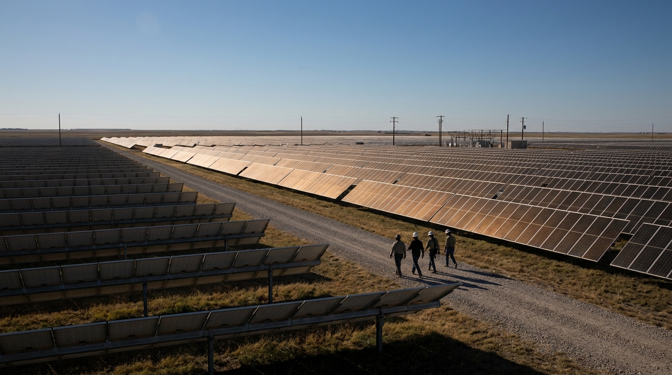 Parque solar en Texas con filas de paneles fotovoltaicos bajo cielo despejado
