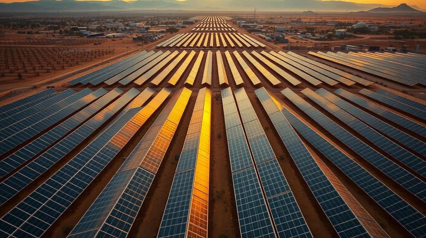 Paneles solares en filas ordenadas de una planta fotovoltaica de gran escala