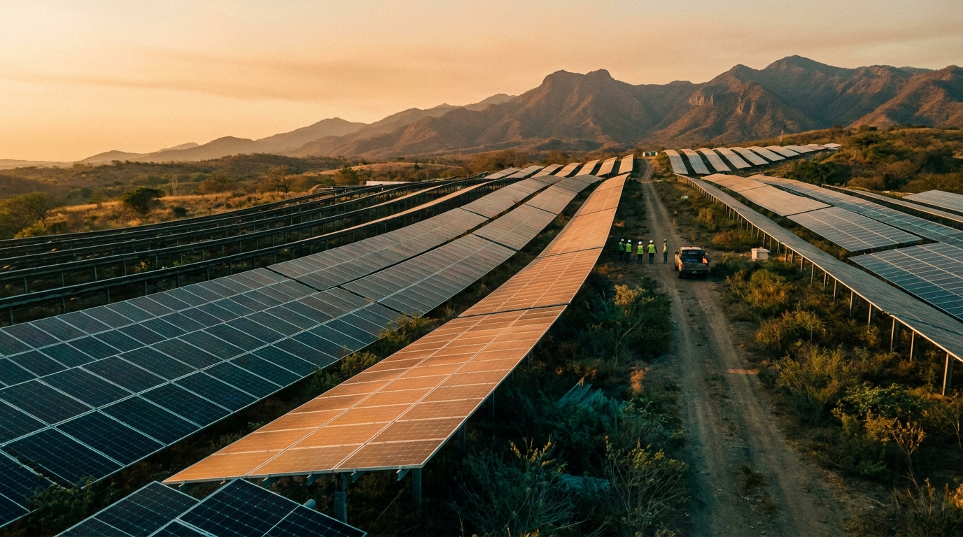 Parque solar fotovoltaico en El Salvador con paneles solares bajo cielo despejado