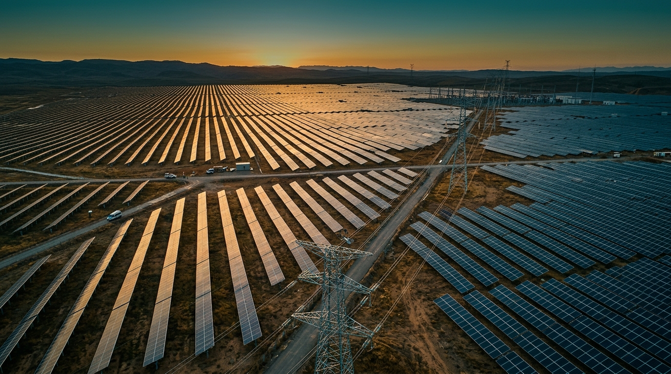 Parque solar chino con paneles alineados y torres de transmisión al atardecer