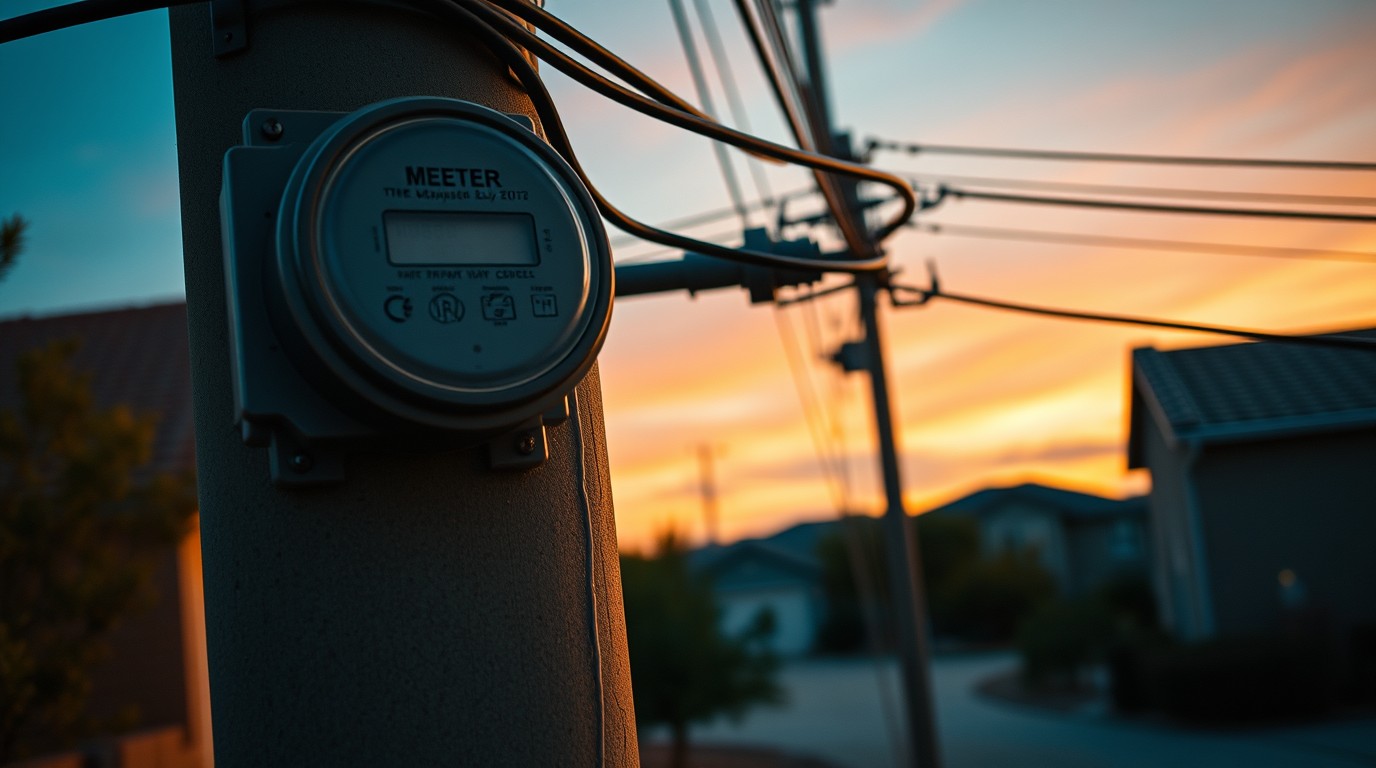 Street light pole and domestic electric meter at sunset in Sonora after the summer subsidy