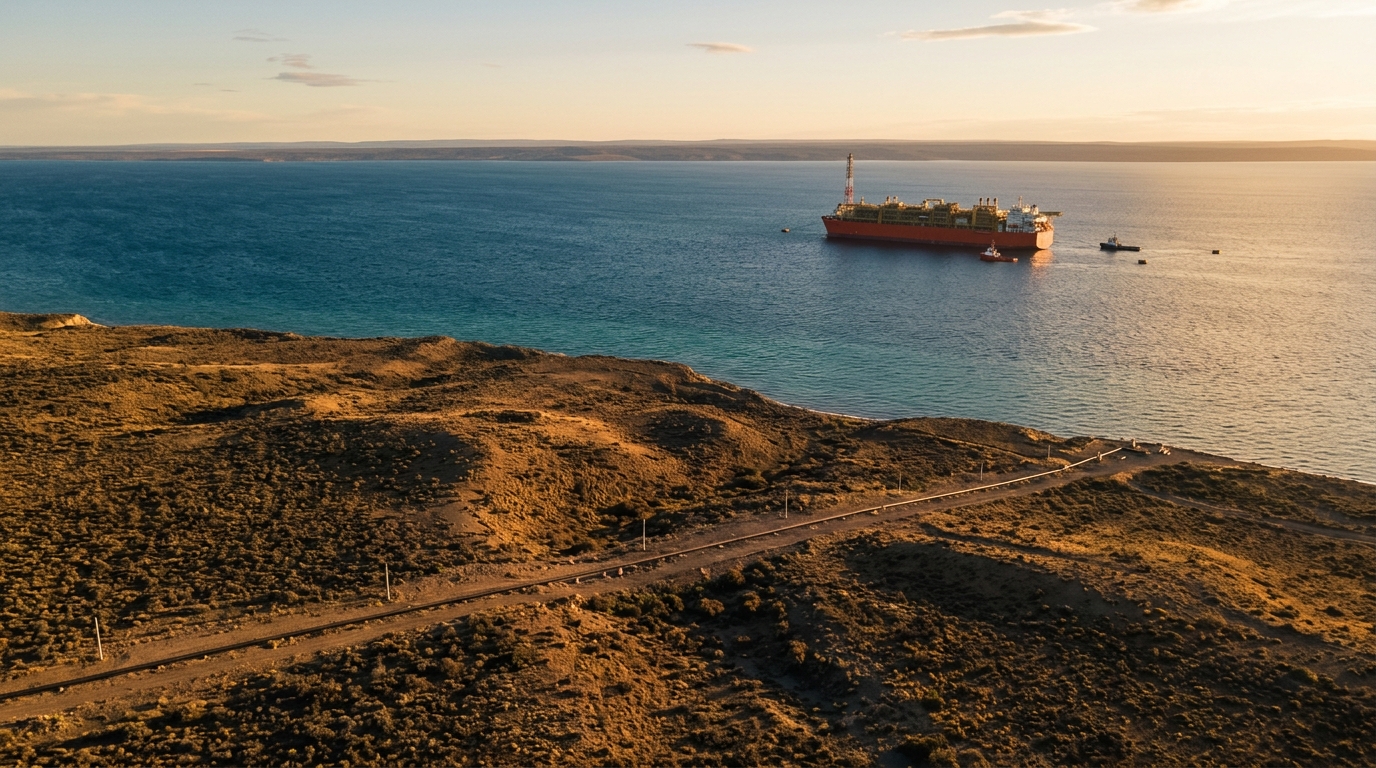 Argentine LNG liquefaction vessel moored off the Patagonian coast