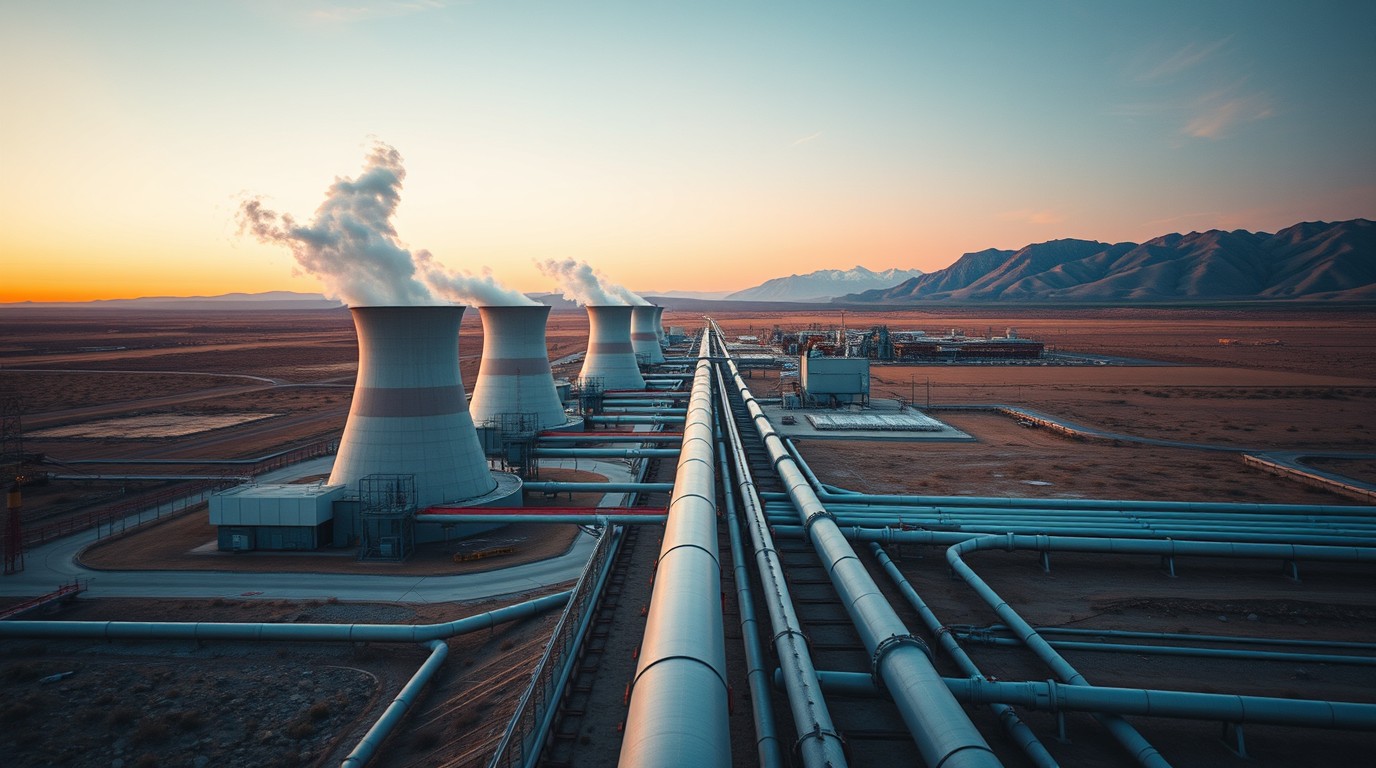 Planta geotermica con torres de enfriamiento y vapor en paisaje desertico federal