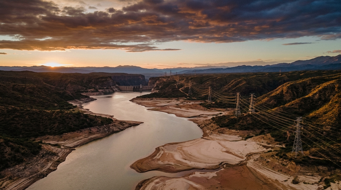 Torres de transmisión junto a embalse en descenso por el Súper El Niño en Sudamérica