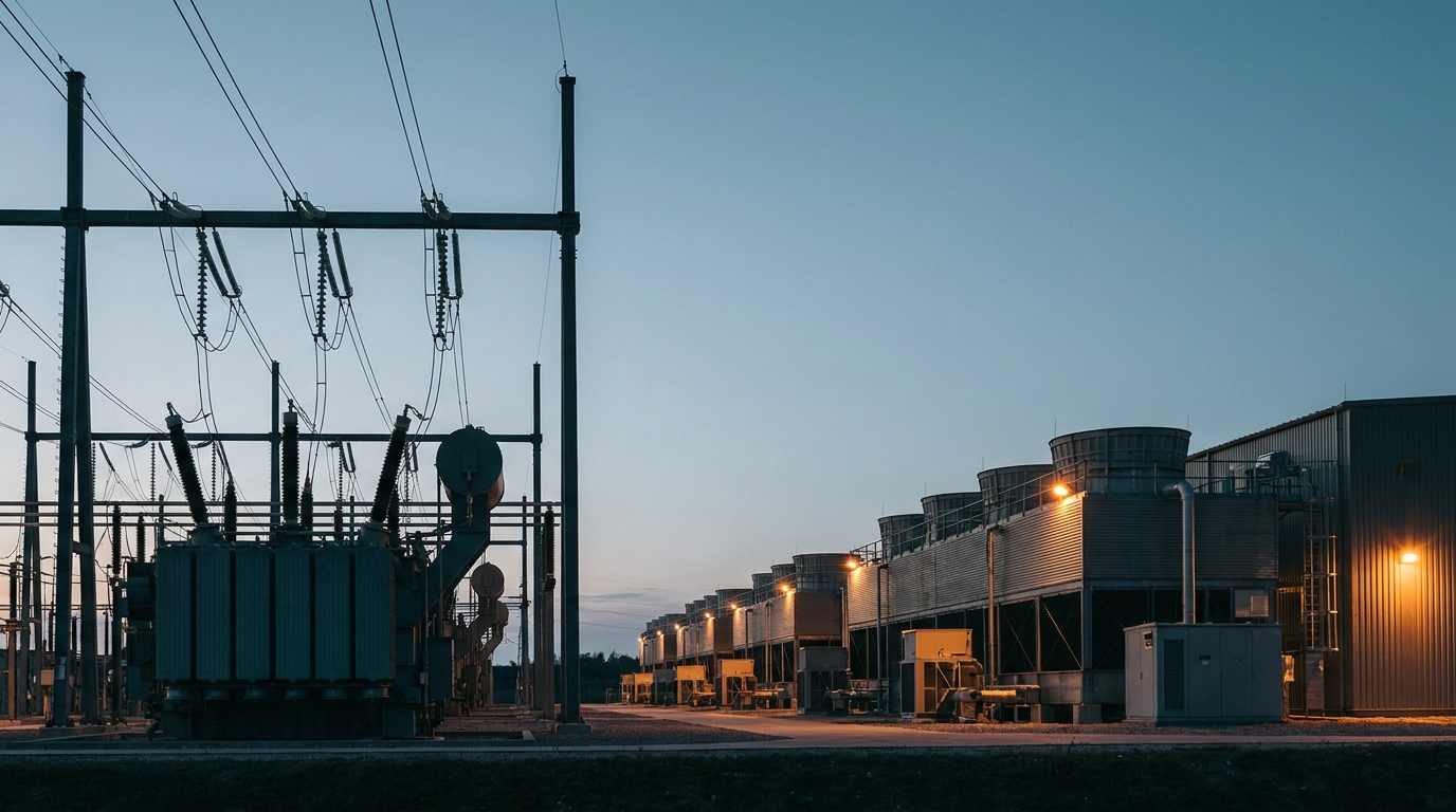 Electric substation and transmission towers in front of a data center at dusk, amber industrial light