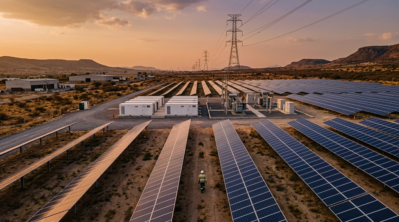 Solar panels on an industrial rooftop with battery storage units, energy transition